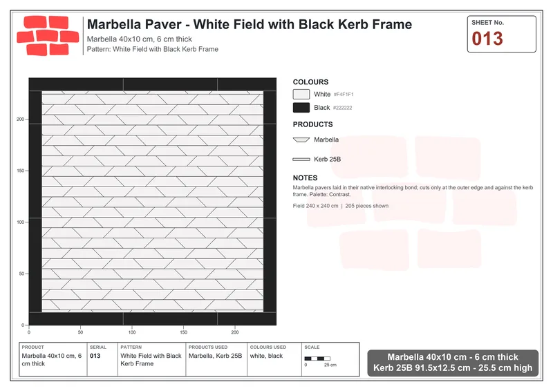 Interlock (Pasco) 40x10 cm · MAR-013 · White Field with Black Kerb Frame · Laying plan Interlock (Pasco) 40x10 cm · MAR-013 · White Field with Black Kerb Frame · Laying plan