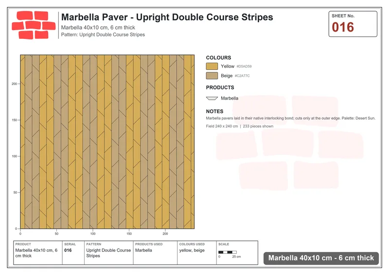 Interlock (Pasco) 40x10 cm · MAR-016 · Upright Double Course Stripes · Laying plan Interlock (Pasco) 40x10 cm · MAR-016 · Upright Double Course Stripes · Laying plan