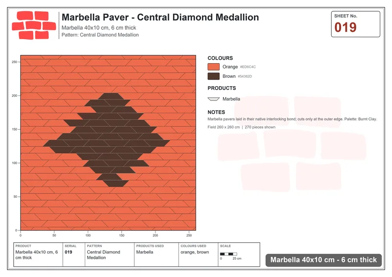 Interlock (Pasco) 40x10 cm · MAR-019 · Central Diamond Medallion · Laying plan Interlock (Pasco) 40x10 cm · MAR-019 · Central Diamond Medallion · Laying plan
