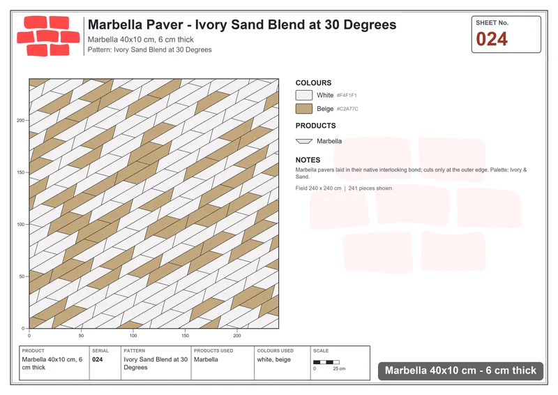 Interlock (Pasco) 40x10 cm · MAR-024 · Ivory Sand Blend at 30 Degrees · Laying plan Interlock (Pasco) 40x10 cm · MAR-024 · Ivory Sand Blend at 30 Degrees · Laying plan