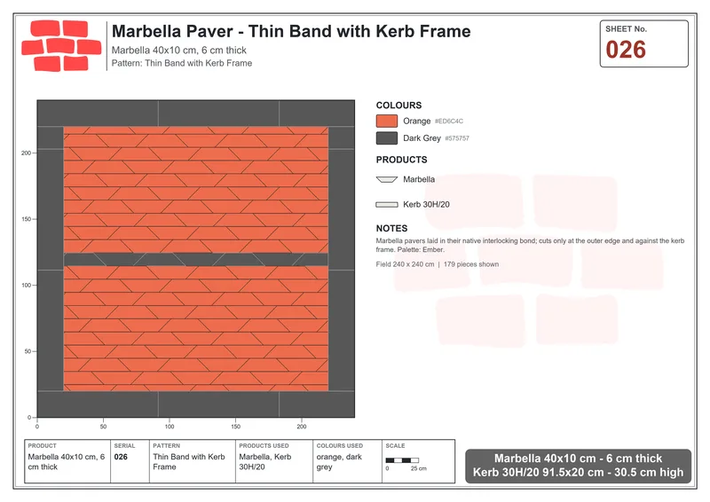 Interlock (Pasco) 40x10 cm · MAR-026 · Thin Band with Kerb Frame · Laying plan Interlock (Pasco) 40x10 cm · MAR-026 · Thin Band with Kerb Frame · Laying plan