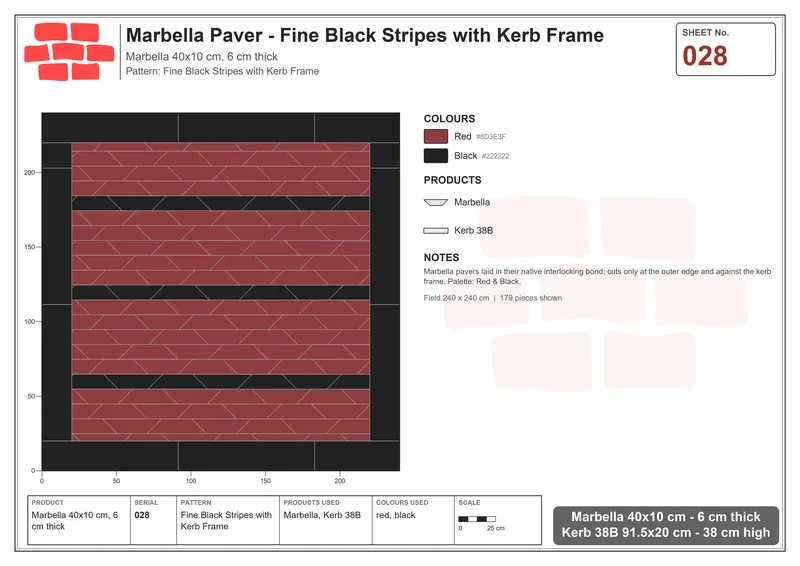 Interlock (Pasco) 40x10 cm · MAR-028 · Fine Black Stripes with Kerb Frame · Laying plan Interlock (Pasco) 40x10 cm · MAR-028 · Fine Black Stripes with Kerb Frame · Laying plan