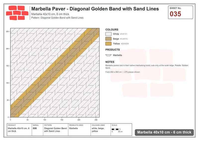 Interlock (Pasco) 40x10 cm · MAR-035 · Diagonal Golden Band with Sand Lines · Laying plan Interlock (Pasco) 40x10 cm · MAR-035 · Diagonal Golden Band with Sand Lines · Laying plan