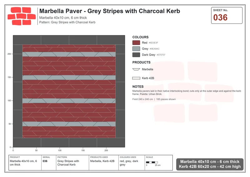 Interlock (Pasco) 40x10 cm · MAR-036 · Grey Stripes with Charcoal Kerb · Laying plan Interlock (Pasco) 40x10 cm · MAR-036 · Grey Stripes with Charcoal Kerb · Laying plan