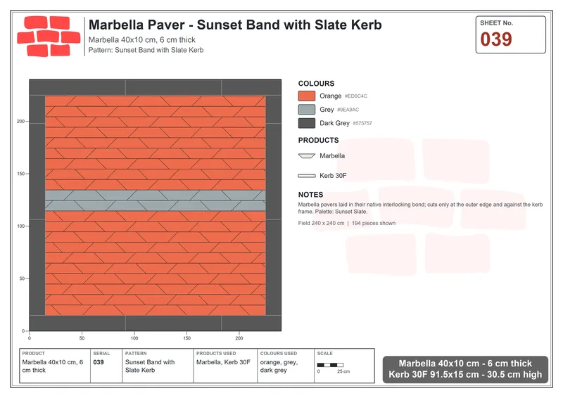 Interlock (Pasco) 40x10 cm · MAR-039 · Sunset Band with Slate Kerb · Laying plan Interlock (Pasco) 40x10 cm · MAR-039 · Sunset Band with Slate Kerb · Laying plan