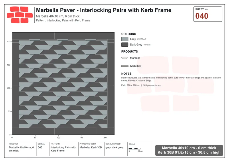 Interlock (Pasco) 40x10 cm · MAR-040 · Interlocking Pairs with Kerb Frame · Laying plan Interlock (Pasco) 40x10 cm · MAR-040 · Interlocking Pairs with Kerb Frame · Laying plan