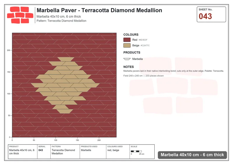 Interlock (Pasco) 40x10 cm · MAR-043 · Terracotta Diamond Medallion · Laying plan Interlock (Pasco) 40x10 cm · MAR-043 · Terracotta Diamond Medallion · Laying plan