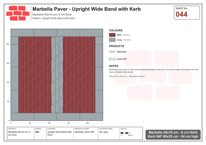 Interlock (Pasco) 40x10 cm · MAR-044 · Upright Wide Band with Kerb · Laying plan Interlock (Pasco) 40x10 cm · MAR-044 · Upright Wide Band with Kerb · Laying plan
