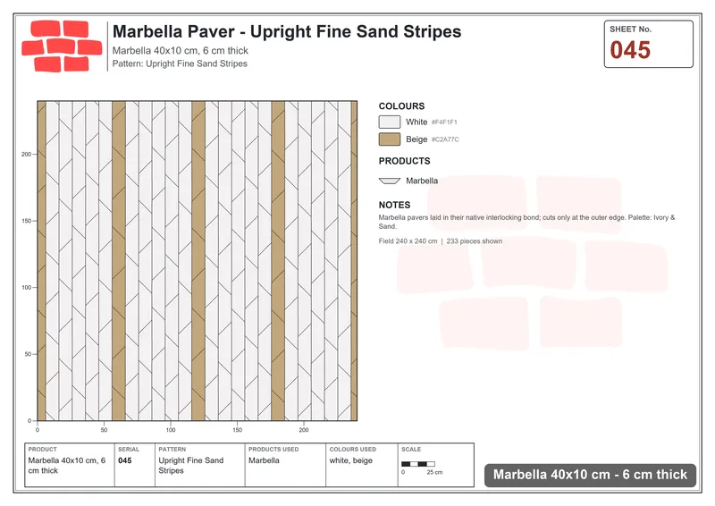 Interlock (Pasco) 40x10 cm · MAR-045 · Upright Fine Sand Stripes · Laying plan Interlock (Pasco) 40x10 cm · MAR-045 · Upright Fine Sand Stripes · Laying plan