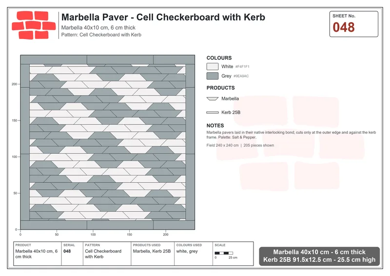 Interlock (Pasco) 40x10 cm · MAR-048 · Cell Checkerboard with Kerb · Laying plan Interlock (Pasco) 40x10 cm · MAR-048 · Cell Checkerboard with Kerb · Laying plan