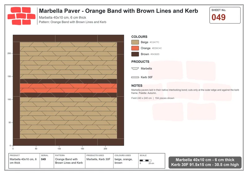 Interlock (Pasco) 40x10 cm · MAR-049 · Orange Band with Brown Lines and Kerb · Laying plan Interlock (Pasco) 40x10 cm · MAR-049 · Orange Band with Brown Lines and Kerb · Laying plan