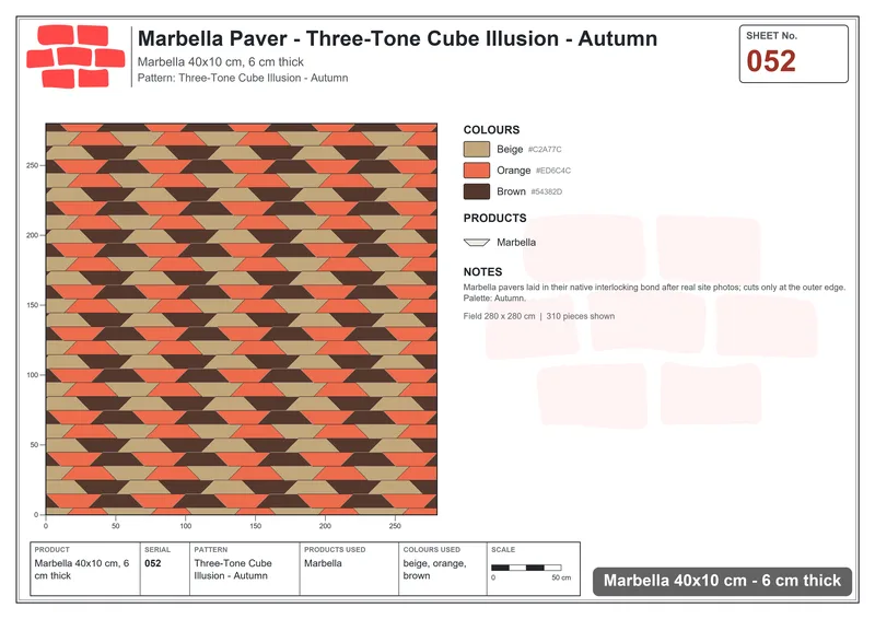 Interlock (Pasco) 40x10 cm · MAR-052 · Three-Tone Cube Illusion - Autumn · Laying plan Interlock (Pasco) 40x10 cm · MAR-052 · Three-Tone Cube Illusion - Autumn · Laying plan