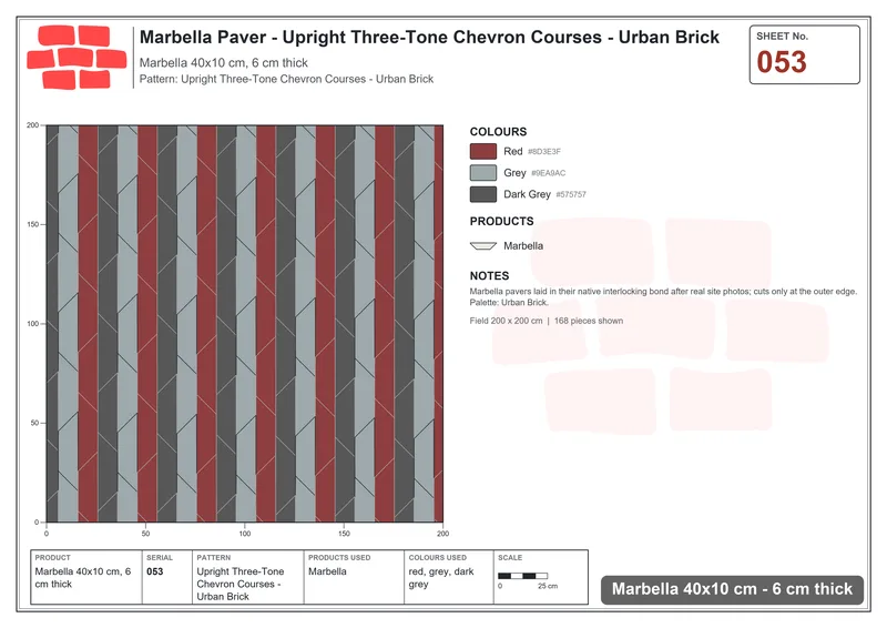 Interlock (Pasco) 40x10 cm · MAR-053 · Upright Three-Tone Chevron Courses - Urban Brick · Laying plan Interlock (Pasco) 40x10 cm · MAR-053 · Upright Three-Tone Chevron Courses - Urban Brick · Laying plan
