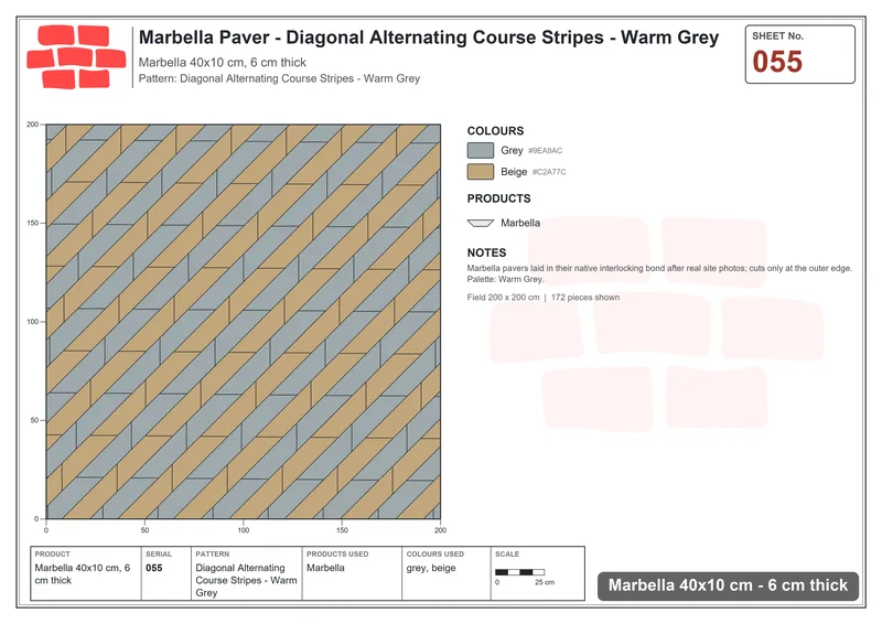 Interlock (Pasco) 40x10 cm · MAR-055 · Diagonal Alternating Course Stripes - Warm Grey · Laying plan Interlock (Pasco) 40x10 cm · MAR-055 · Diagonal Alternating Course Stripes - Warm Grey · Laying plan