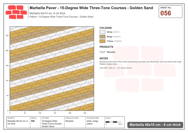 Interlock (Pasco) 40x10 cm · MAR-056 · 15-Degree Wide Three-Tone Courses - Golden Sand · Laying plan Interlock (Pasco) 40x10 cm · MAR-056 · 15-Degree Wide Three-Tone Courses - Golden Sand · Laying plan