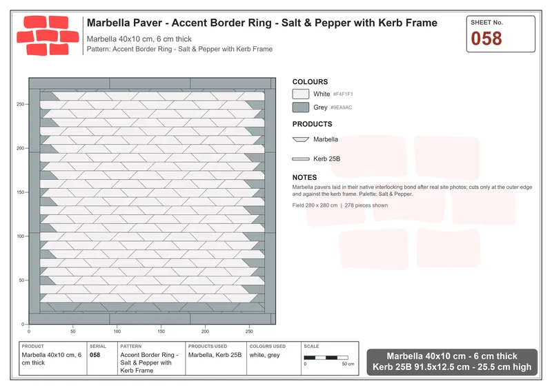 Interlock (Pasco) 40x10 cm · MAR-058 · Accent Border Ring - Salt & Pepper with Kerb Frame · Laying plan Interlock (Pasco) 40x10 cm · MAR-058 · Accent Border Ring - Salt & Pepper with Kerb Frame · Laying plan