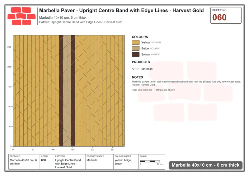 Interlock (Pasco) 40x10 cm · MAR-060 · Upright Centre Band with Edge Lines - Harvest Gold · Laying plan Interlock (Pasco) 40x10 cm · MAR-060 · Upright Centre Band with Edge Lines - Harvest Gold · Laying plan