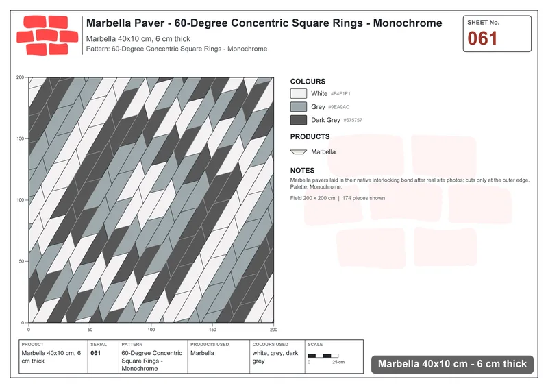 Interlock (Pasco) 40x10 cm · MAR-061 · 60-Degree Concentric Square Rings - Monochrome · Laying plan Interlock (Pasco) 40x10 cm · MAR-061 · 60-Degree Concentric Square Rings - Monochrome · Laying plan