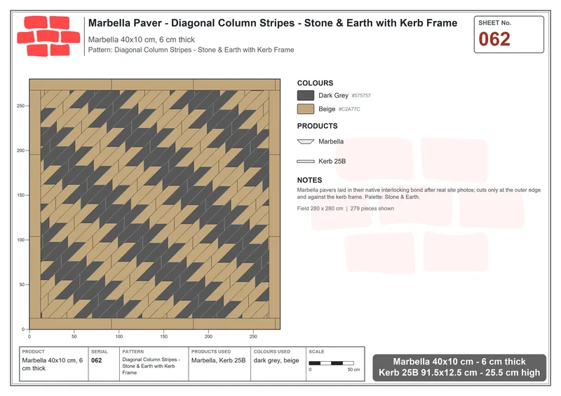 Interlock (Pasco) 40x10 cm · MAR-062 · Diagonal Column Stripes - Stone & Earth with Kerb Frame · Laying plan Interlock (Pasco) 40x10 cm · MAR-062 · Diagonal Column Stripes - Stone & Earth with Kerb Frame · Laying plan