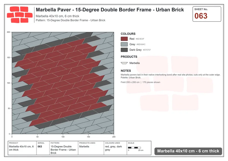 Interlock (Pasco) 40x10 cm · MAR-063 · 15-Degree Double Border Frame - Urban Brick · Laying plan Interlock (Pasco) 40x10 cm · MAR-063 · 15-Degree Double Border Frame - Urban Brick · Laying plan