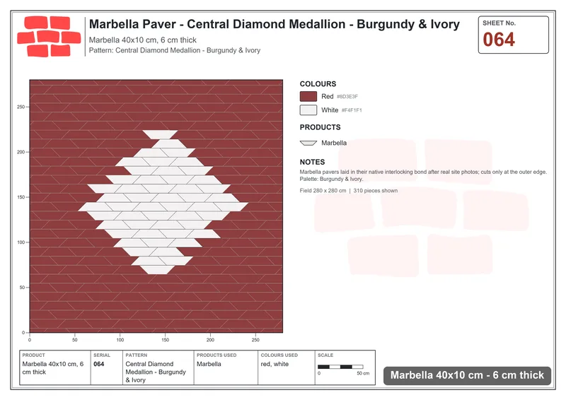 Interlock (Pasco) 40x10 cm · MAR-064 · Central Diamond Medallion - Burgundy & Ivory · Laying plan Interlock (Pasco) 40x10 cm · MAR-064 · Central Diamond Medallion - Burgundy & Ivory · Laying plan