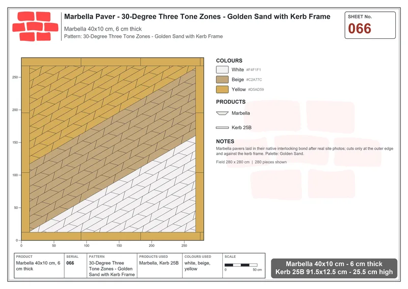 Interlock (Pasco) 40x10 cm · MAR-066 · 30-Degree Three Tone Zones - Golden Sand with Kerb Frame · Laying plan Interlock (Pasco) 40x10 cm · MAR-066 · 30-Degree Three Tone Zones - Golden Sand with Kerb Frame · Laying plan