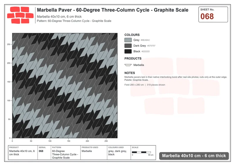 Interlock (Pasco) 40x10 cm · MAR-068 · 60-Degree Three-Column Cycle - Graphite Scale · Laying plan Interlock (Pasco) 40x10 cm · MAR-068 · 60-Degree Three-Column Cycle - Graphite Scale · Laying plan