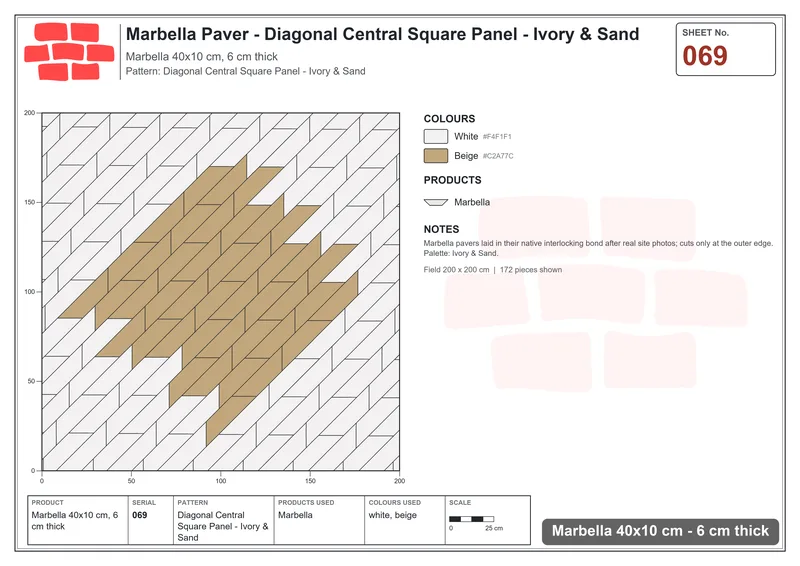 Interlock (Pasco) 40x10 cm · MAR-069 · Diagonal Central Square Panel - Ivory & Sand · Laying plan Interlock (Pasco) 40x10 cm · MAR-069 · Diagonal Central Square Panel - Ivory & Sand · Laying plan