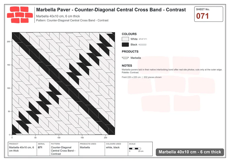 Interlock (Pasco) 40x10 cm · MAR-071 · Counter-Diagonal Central Cross Band - Contrast · Laying plan Interlock (Pasco) 40x10 cm · MAR-071 · Counter-Diagonal Central Cross Band - Contrast · Laying plan
