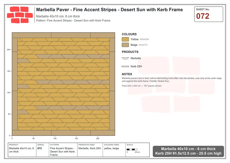 Interlock (Pasco) 40x10 cm · MAR-072 · Fine Accent Stripes - Desert Sun with Kerb Frame · Laying plan Interlock (Pasco) 40x10 cm · MAR-072 · Fine Accent Stripes - Desert Sun with Kerb Frame · Laying plan