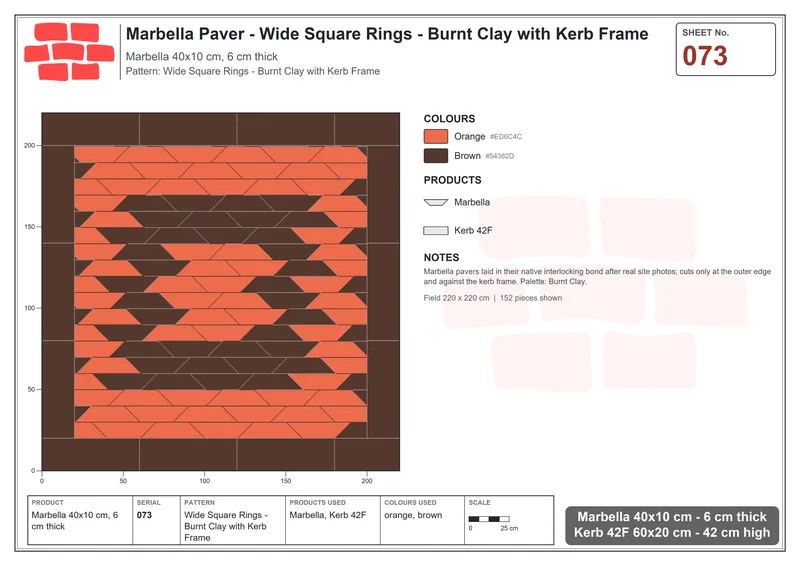 Interlock (Pasco) 40x10 cm · MAR-073 · Wide Square Rings - Burnt Clay with Kerb Frame · Laying plan Interlock (Pasco) 40x10 cm · MAR-073 · Wide Square Rings - Burnt Clay with Kerb Frame · Laying plan