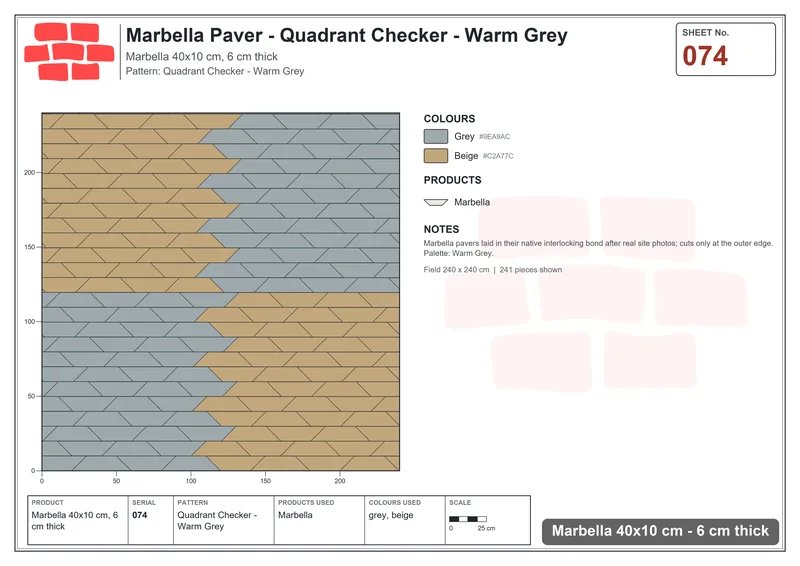 Interlock (Pasco) 40x10 cm · MAR-074 · Quadrant Checker - Warm Grey · Laying plan Interlock (Pasco) 40x10 cm · MAR-074 · Quadrant Checker - Warm Grey · Laying plan