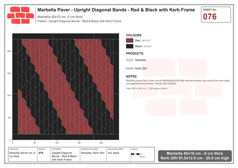 Interlock (Pasco) 40x10 cm · MAR-076 · Upright Diagonal Bands - Red & Black with Kerb Frame · Laying plan Interlock (Pasco) 40x10 cm · MAR-076 · Upright Diagonal Bands - Red & Black with Kerb Frame · Laying plan