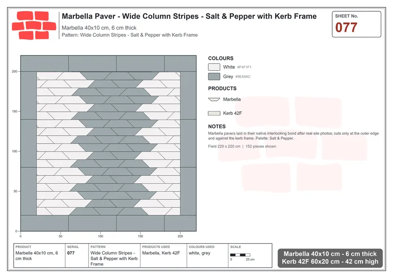 Interlock (Pasco) 40x10 cm · MAR-077 · Wide Column Stripes - Salt & Pepper with Kerb Frame · Laying plan Interlock (Pasco) 40x10 cm · MAR-077 · Wide Column Stripes - Salt & Pepper with Kerb Frame · Laying plan