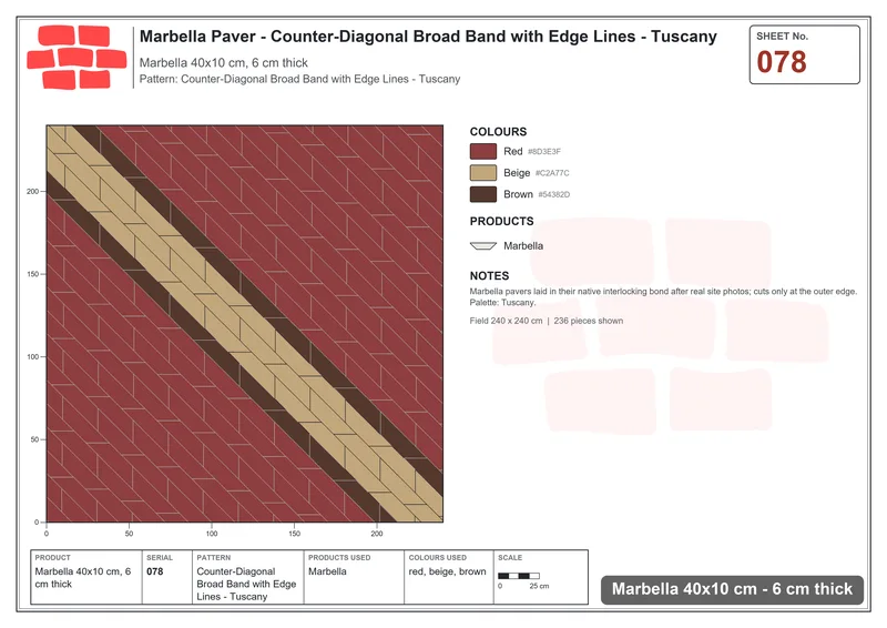 Interlock (Pasco) 40x10 cm · MAR-078 · Counter-Diagonal Broad Band with Edge Lines - Tuscany · Laying plan Interlock (Pasco) 40x10 cm · MAR-078 · Counter-Diagonal Broad Band with Edge Lines - Tuscany · Laying plan