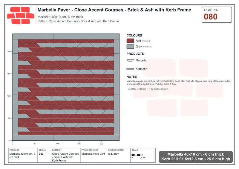 Interlock (Pasco) 40x10 cm · MAR-080 · Close Accent Courses - Brick & Ash with Kerb Frame · Laying plan Interlock (Pasco) 40x10 cm · MAR-080 · Close Accent Courses - Brick & Ash with Kerb Frame · Laying plan