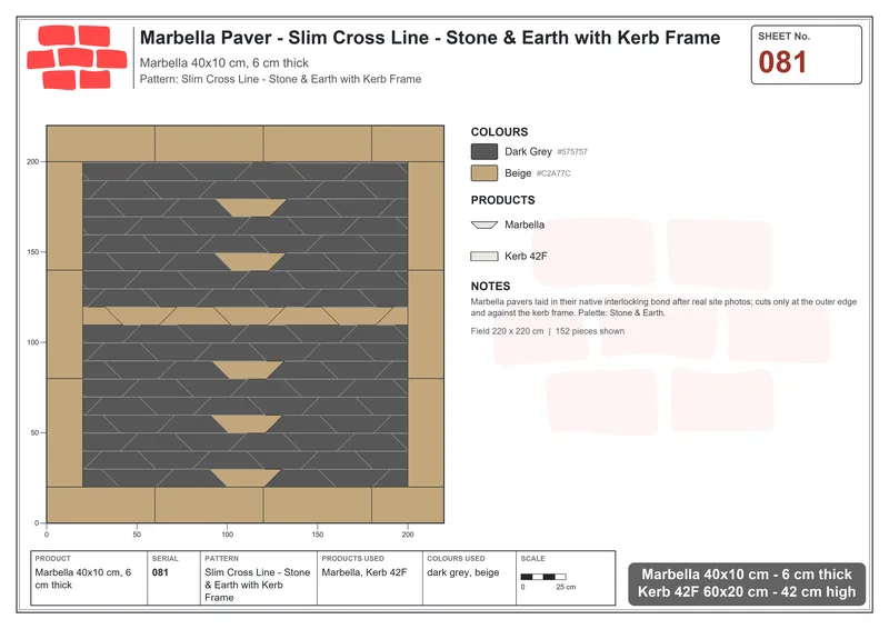 Interlock (Pasco) 40x10 cm · MAR-081 · Slim Cross Line - Stone & Earth with Kerb Frame · Laying plan Interlock (Pasco) 40x10 cm · MAR-081 · Slim Cross Line - Stone & Earth with Kerb Frame · Laying plan