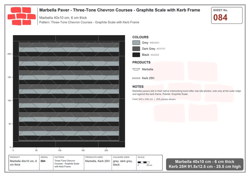 Interlock (Pasco) 40x10 cm · MAR-084 · Three-Tone Chevron Courses - Graphite Scale with Kerb Frame · Laying plan Interlock (Pasco) 40x10 cm · MAR-084 · Three-Tone Chevron Courses - Graphite Scale with Kerb Frame · Laying plan
