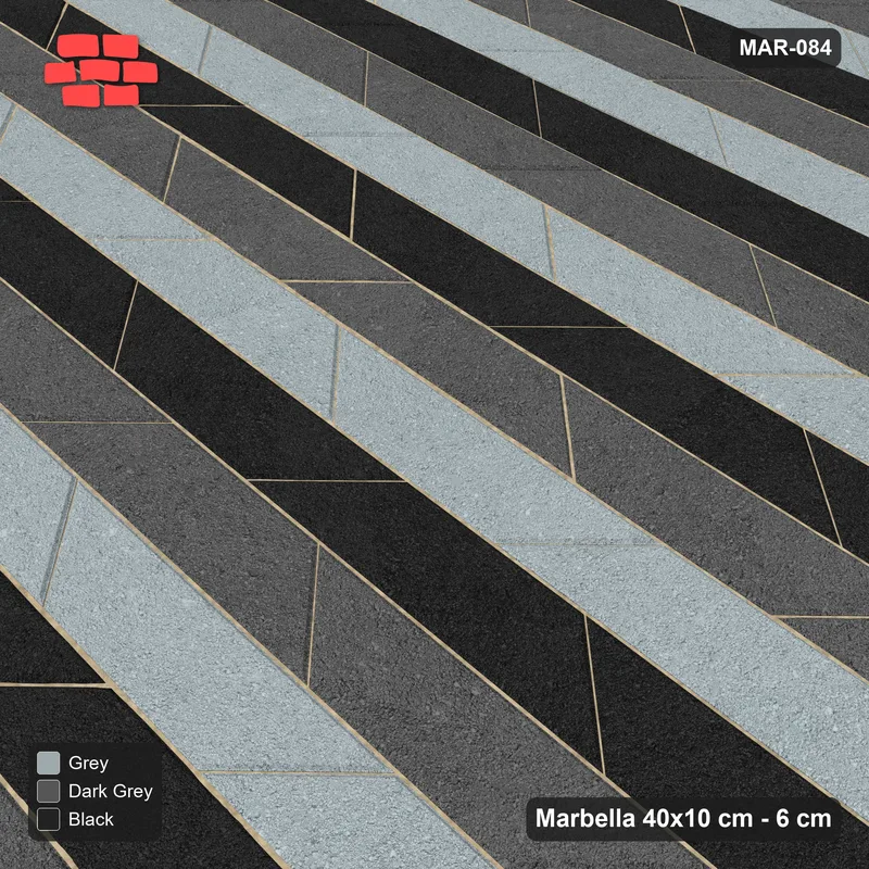 Interlock (Pasco) 40x10 cm · MAR-084 · Three-Tone Chevron Courses - Graphite Scale with Kerb Frame · Side view Interlock (Pasco) 40x10 cm · MAR-084 · Three-Tone Chevron Courses - Graphite Scale with Kerb Frame · Side view