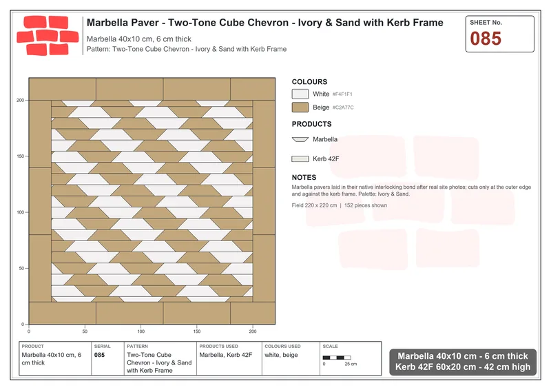 Interlock (Pasco) 40x10 cm · MAR-085 · Two-Tone Cube Chevron - Ivory & Sand with Kerb Frame · Laying plan Interlock (Pasco) 40x10 cm · MAR-085 · Two-Tone Cube Chevron - Ivory & Sand with Kerb Frame · Laying plan