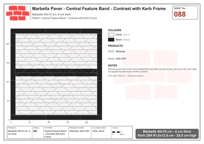 Interlock (Pasco) 40x10 cm · MAR-088 · Central Feature Band - Contrast with Kerb Frame · Laying plan Interlock (Pasco) 40x10 cm · MAR-088 · Central Feature Band - Contrast with Kerb Frame · Laying plan