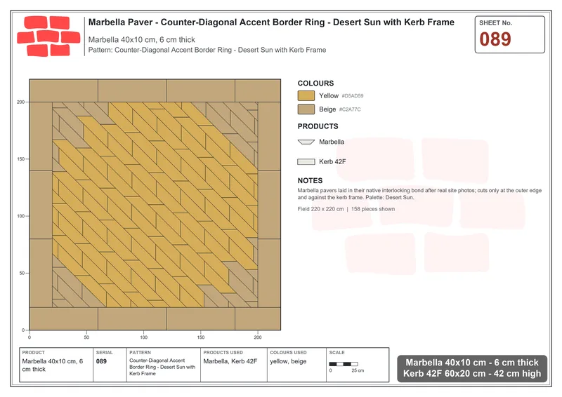Interlock (Pasco) 40x10 cm · MAR-089 · Counter-Diagonal Accent Border Ring - Desert Sun with Kerb Frame · Laying plan Interlock (Pasco) 40x10 cm · MAR-089 · Counter-Diagonal Accent Border Ring - Desert Sun with Kerb Frame · Laying plan