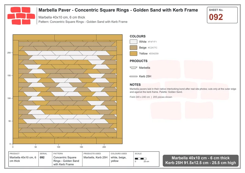 Interlock (Pasco) 40x10 cm · MAR-092 · Concentric Square Rings - Golden Sand with Kerb Frame · Laying plan Interlock (Pasco) 40x10 cm · MAR-092 · Concentric Square Rings - Golden Sand with Kerb Frame · Laying plan