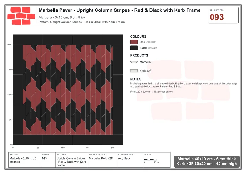 Interlock (Pasco) 40x10 cm · MAR-093 · Upright Column Stripes - Red & Black with Kerb Frame · Laying plan Interlock (Pasco) 40x10 cm · MAR-093 · Upright Column Stripes - Red & Black with Kerb Frame · Laying plan