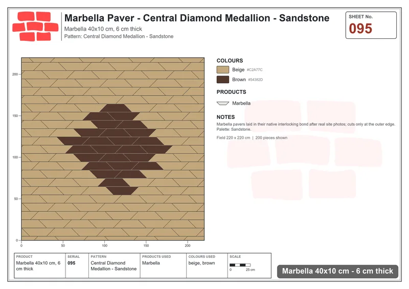 Interlock (Pasco) 40x10 cm · MAR-095 · Central Diamond Medallion - Sandstone · Laying plan Interlock (Pasco) 40x10 cm · MAR-095 · Central Diamond Medallion - Sandstone · Laying plan