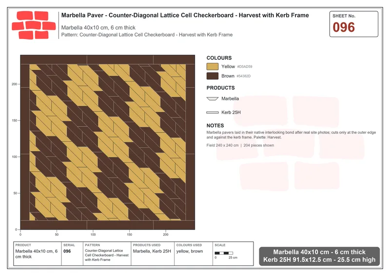 Interlock (Pasco) 40x10 cm · MAR-096 · Counter-Diagonal Lattice Cell Checkerboard - Harvest with Kerb Frame · Laying plan Interlock (Pasco) 40x10 cm · MAR-096 · Counter-Diagonal Lattice Cell Checkerboard - Harvest with Kerb Frame · Laying plan