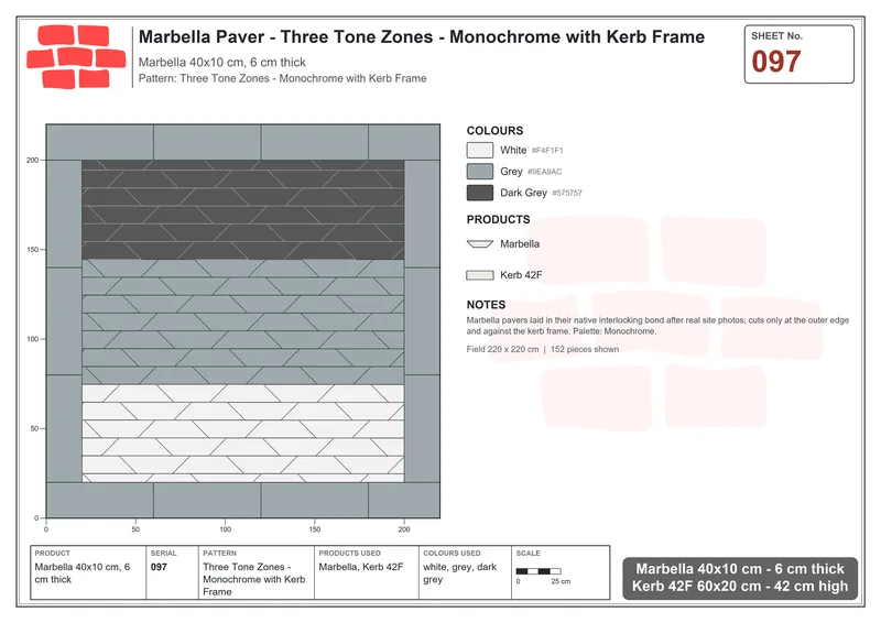 Interlock (Pasco) 40x10 cm · MAR-097 · Three Tone Zones - Monochrome with Kerb Frame · Laying plan Interlock (Pasco) 40x10 cm · MAR-097 · Three Tone Zones - Monochrome with Kerb Frame · Laying plan