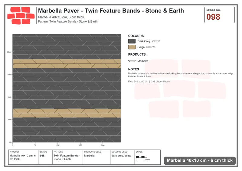 Interlock (Pasco) 40x10 cm · MAR-098 · Twin Feature Bands - Stone & Earth · Laying plan Interlock (Pasco) 40x10 cm · MAR-098 · Twin Feature Bands - Stone & Earth · Laying plan
