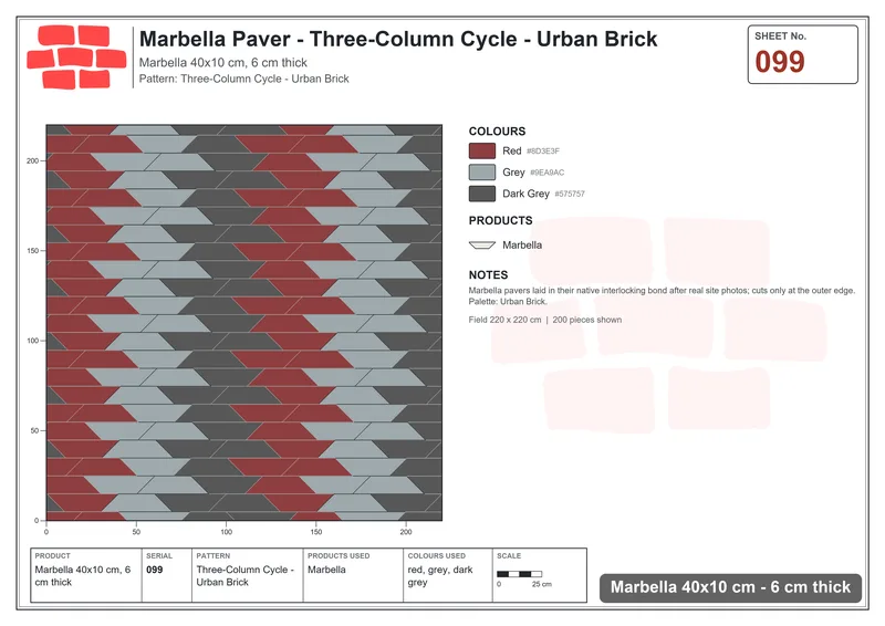 Interlock (Pasco) 40x10 cm · MAR-099 · Three-Column Cycle - Urban Brick · Laying plan Interlock (Pasco) 40x10 cm · MAR-099 · Three-Column Cycle - Urban Brick · Laying plan