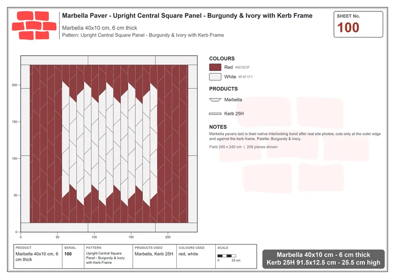 Interlock (Pasco) 40x10 cm · MAR-100 · Upright Central Square Panel - Burgundy & Ivory with Kerb Frame · Laying plan Interlock (Pasco) 40x10 cm · MAR-100 · Upright Central Square Panel - Burgundy & Ivory with Kerb Frame · Laying plan